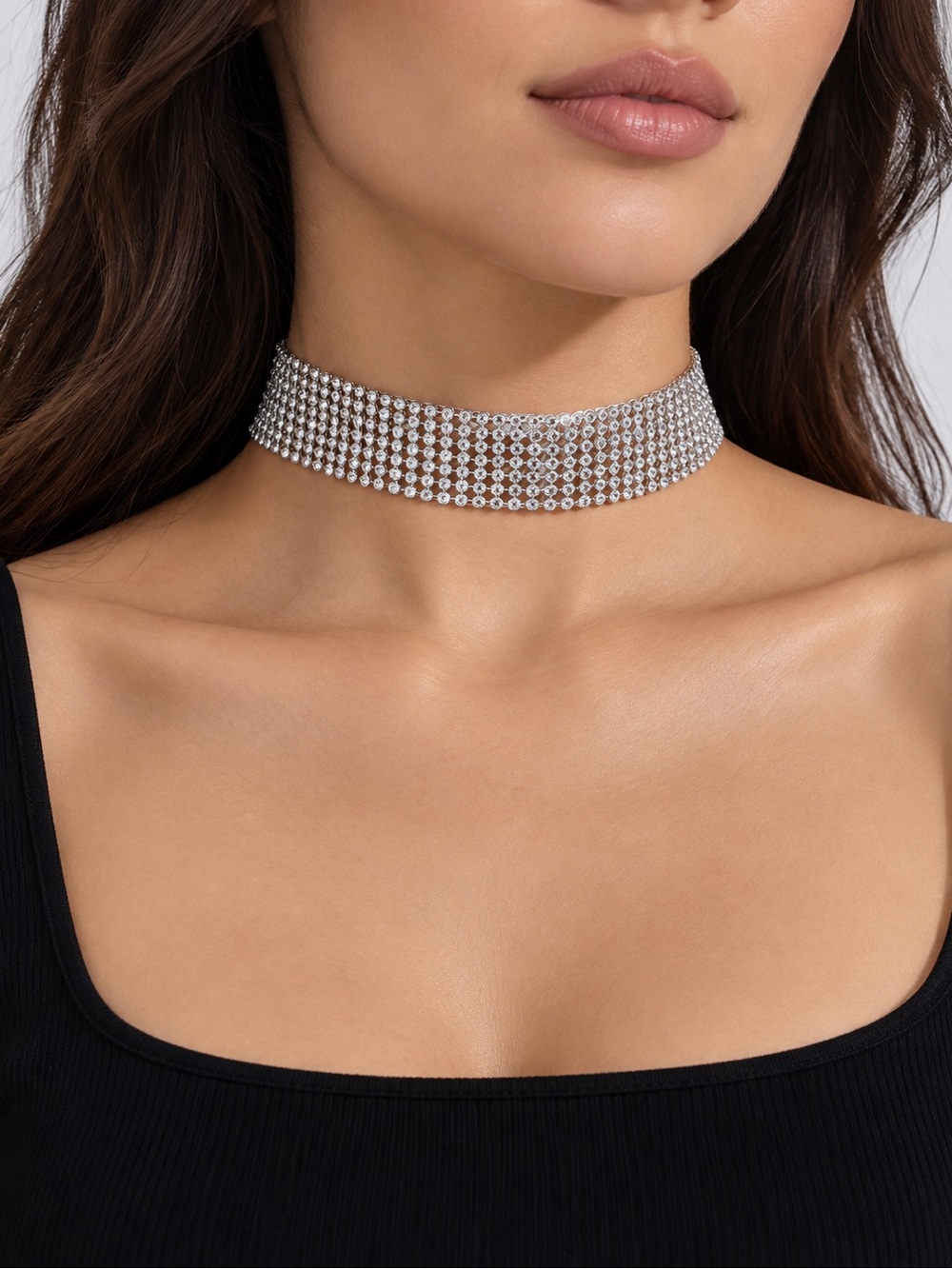 Silver Sparkly Choker Necklace, Wide Statement Collar